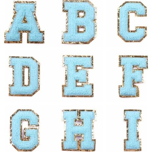 Blue Towel Embroidered Letters Iron On Patch Applique Diy Badge Alphabet Sequin Patches For Kid Clothing Bags Accessories Custom