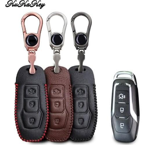 KUKAKEY Leather Car Key Case Cover For Ford Edge Engine Mustang Mondeo Fiesta Focus 3 MK3 Smart Remote Key Shell