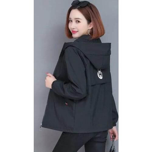 Fashion Short Hooded Jacket Women Spring Autumn Solid Vintage Coat Black/Red/Blue Casual Windbreakers Splice Coats Plus Size 4XL