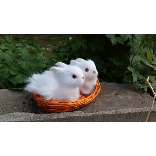 A pair of mini simulation rabbit model toy resin&fur rabbit in a basket doll gift about 10x7x7cm 1452