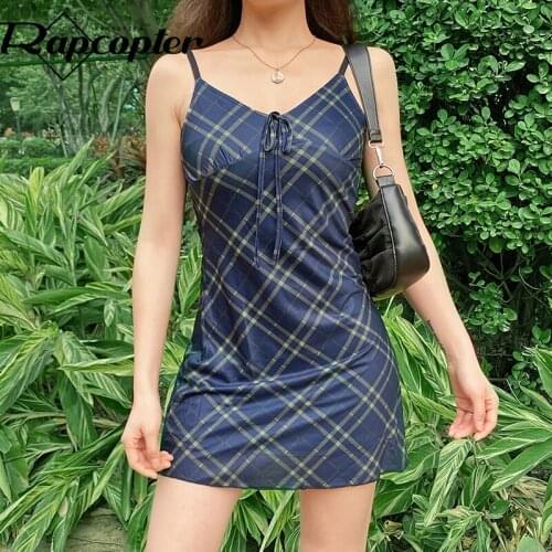 Rapcopter y2k Blue Mini Dress Striped Plaid Printed Sundress Tie Up Cute Bodycon Spaghetti Strap Short Dress Women Summer Party