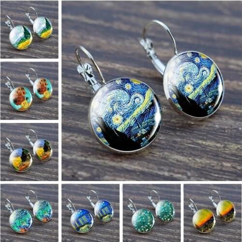Fashion Silver Color Simple Style Earings Van Gogh Famous Artist Starry Night Stud Earrings Glass Cabochon Jewelry Women Gifts