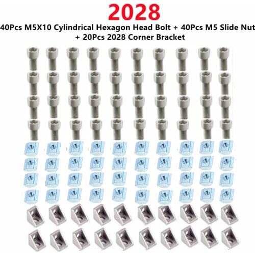 2028 Aluminum Profile Connector Set: 40Pcs M5X10 Cylindrical Hexagon Head Bolt + 20Pcs 2028 Corner Bracket + 40Pcs M5 Slide Nut