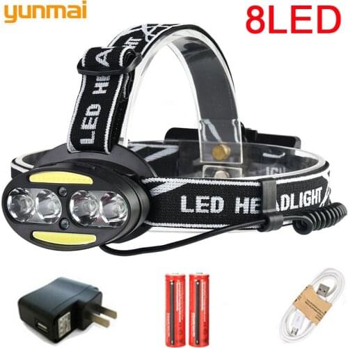Yunmai 8 LED Super Power Functional Headlamp Light 4T6+2COB+2LED Rechargeable USB Headlight 7 Modes Waterproof Frontal Lanterna