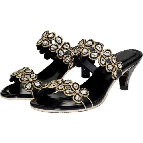 Summer New Womens Slippers Thick High Heel Slippers Hollow Flower Rhinestones Diamonds High Heel Thick Heel Large Size Slippers