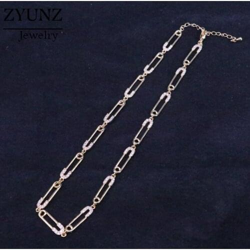 4PCS, New Choker necklace pin shape charm jewelry Gold color micro pave cz safety pin link chain choker necklace