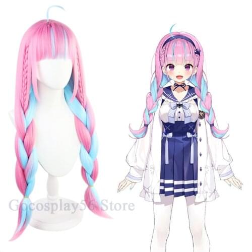 VTuber Hololive Minato Aqua Wig Mixed Blue Pink Braids Girls Twin Ponytails Holo no Graffiti Cosplay Long Braided Synthetic Hair