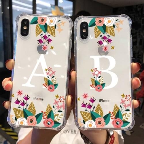 26 Letters Phone Cases For iPhone 11 12 Mini Pro Max X XS 7 8 Plus SE20 Green leaf Flower Clear Airbag shockproof PC Cover Coque