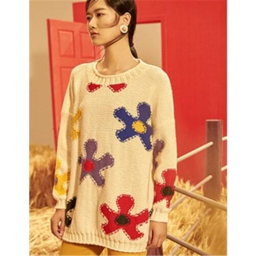 100% hand made pure wool Oneck knit women fashion irregular floral contrast color H-straight pullover sweater one&over size