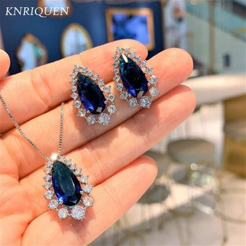 Romantic Tanzanite Gemstone Lab Diamond Pendant Necklace Earrings for Women 925 Sterling SIlver Wedding Party Jewelry Sets Gift