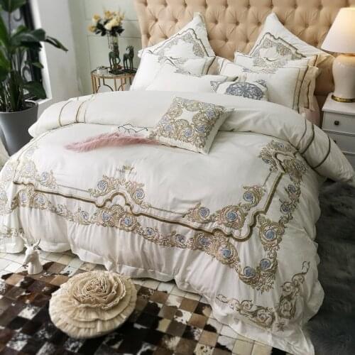100S Egyptian Cotton Embroidery Luxury Royal Bedding Set 4pcs King Queen Wedding Bed Sheet set Duvet cover Pillowcase 6pcs white