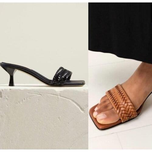 Manlinaya Thin Heel Square Open Toe Women Slippers Ankle Strap Women Sandals Out Door Twist Knitting Woman Slides Zapatos Mujer