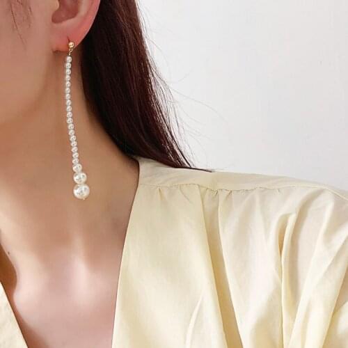 SRCOI Vintage Imitation Pearls Long Tassel Earring Simple Two Design Temperament Dangle Earring Women Jewelry Accessories