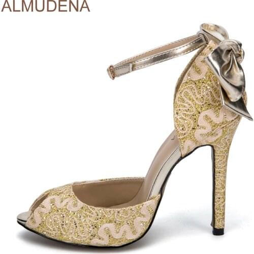 ALMUDENA Eye-sighted Gold Lace Flowers Party Shoes Embroidered Dress Pumps Shining Crystal Wedding Shoes Bowtie Women High Heels