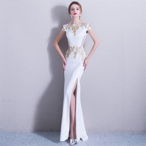 Evening Gown White Split Elegant Evening Dresses 2019 Floor Length Sequin Robe De Soiree O-neck Short Sleeve Formal Dress F257