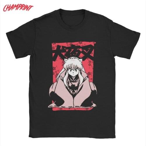 Vintage Feudal Demon Inuyasha T-Shirts for Men Crew Neck Cotton T Shirts Japanese Anime Short Sleeve Tees Classic Tops