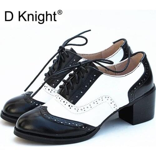 Vintage Lace Up Women PumpsRound Toe Square High Heel Shoes British Style Oxfords Shoes For Woman Carved Student Brogues Shoes