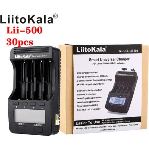 30pcs LiitoKala lii-500 LCD 3.7V/1.2V AA/AAA 18650/26650/16340/14500/10440/18500 Battery Charger with screen+12V2A adapter