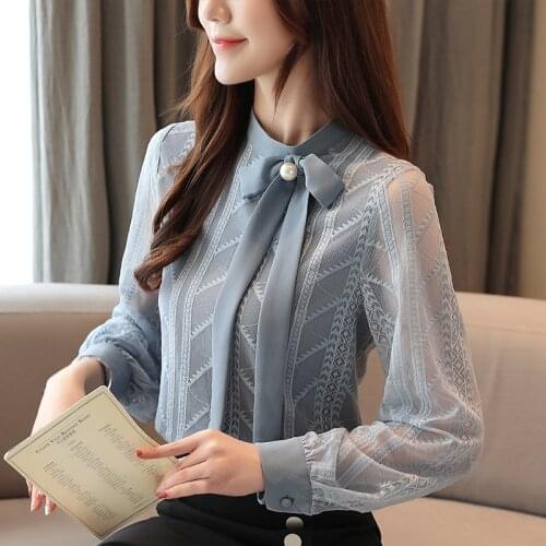Autumn blouse women 2019 ladies tops long sleeve button bow solid blue tops for women shirts chiffon Stand blusas femininas 0344