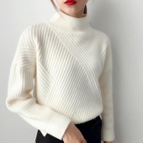 Autumn Winter Women Mock Neck Sweater Casual Long Sleeve Knitted Jumper- 2020 Elegant Stripe Rib Solid Cotton Tops Pullover