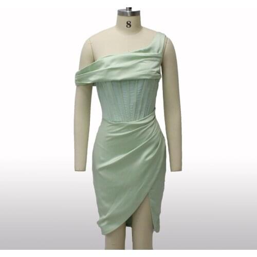 2021 Summer New Women Fashion One Shoulder Dress Sexy Asymmetric Split Satin Mid Calf Dress Celebrity Bodycon Club Party Dress