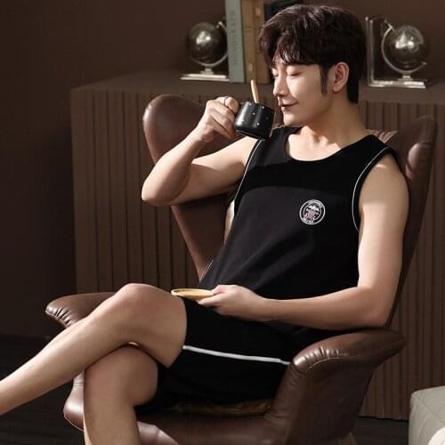 Boy Male Vest Pants Modal Pajamas Sleeveless Vest Pant Casual Pyjamas Undershirt Sleepwear Nightwear ElasticWaist Mans Jams HDE