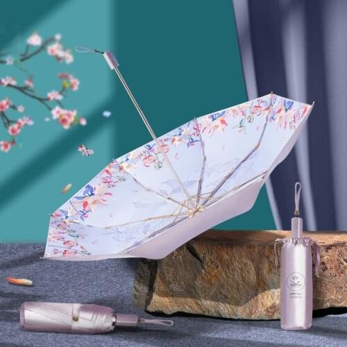 Double layer Sun Umbrella Rain Women Windproof Wooden Handle Umbrellas 3 Folding Anti-UV Parasol Girl Flower Umbrella For Gift