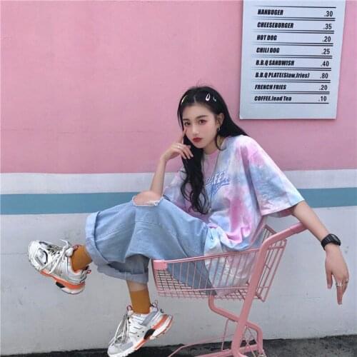 #0077 Black White Summer Short Sleeve Tie Dye T Shirt Women Tee Shirts Hip Hop Harajuku Casual T Shirts Female O Neck Vintage