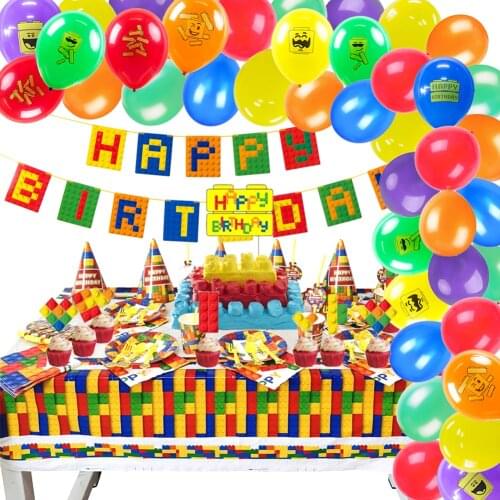 51Pcs Building Block Theme Birthday Party Decoration Set Balloons Banner Cake Toppers Boys Girls Kids Baby Shower Birthday Decor