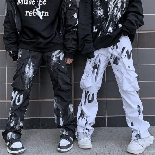 Splash-ink graffiti multi-pocket slacks mens high street slacks straight slacks loose waist wide leg pants
