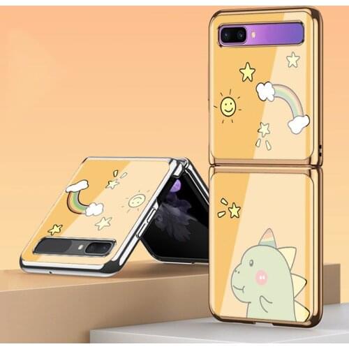 Z Flip Funda Case for Samsung Galaxy Z Flip 5G Case F7000 F7000N F7070 Cartoon Dinosaur Tempered Glass Coque Phone Case Cover