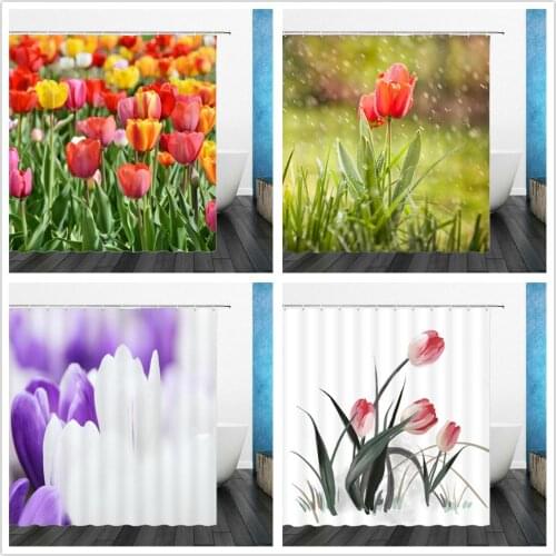 Flower Shower Curtains Tulip Floral Green Plant Butterfly Spring Scenery Home Bathroom Decor Polyester Fabric Bathtub Curtain