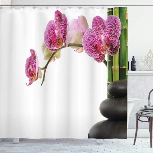 Fuchsia Green Meditation Shower Curtain Spa Stones Orchid and Bamboo Stems Yoga Chakra Image Bathroom Curtain