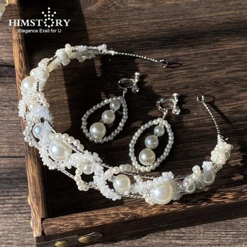 HIMSTORY New Crystal Beads Bridal Hairbands Women Pearl Headbands Rhinestone Beaded Head Piece Wedding Head Chain Hair Jewelries
