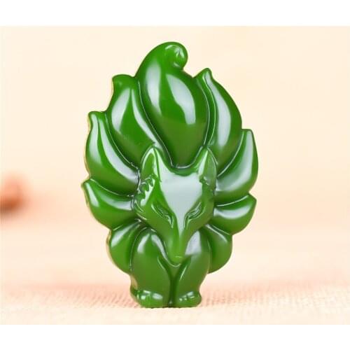 Chinese Green Jade Nine-Tailed Fox Pendant Necklace Hand-Carved Charm Natural Jewellery Fashion Amulet for Men Women Gifts