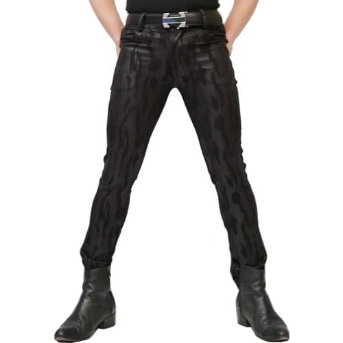 2018 New Mens Fashion Low Waist British Wind Tight Pants Black Printed Trousers Sexy Slim Jeans