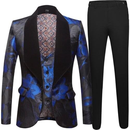 Mens suit for men Tide Men Navy Blue Floral Print Fashion Casual Suits Latest Coat Pant Designs Wedding Groom Stage Costume