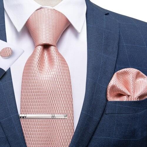 New Calssic 100% Silk Mens Ties 8cm Pink Solid Necktie Handkerchief Tie Clip Set Wedding Party Ties Men Gift Gravatas DiBanGu