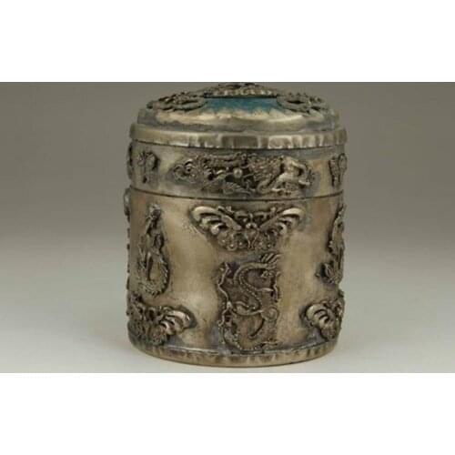 Elaborate Chinese Old Tibetan Silver Handwork Dragon Phoenix Statue Tobacco Box