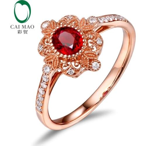 Caimai Romantic 14K Rose Gold 0.59ct Natural Red Ruby Milgrain Diamond Engagement Ring