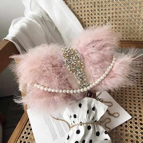 Luxury Pearls Diamonds Decor Women Evening Bags Feather Real Fur Pink White Korean Handbags Ladies Dinner Party Shoulder Bags