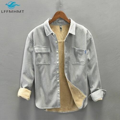 Men Winter New Trendy Thick Fleece Soft Bottoming Corduroy Top High Quality Japan Style Solid Color Long Sleeve Lapel Shirt Male