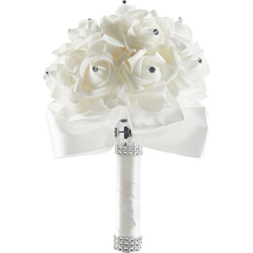 Tanpell White Silk Rose Foam Flowers Cheap Wedding Bouquet Beaded Romantic Bridal Bridesmaid Wedding Bouquet