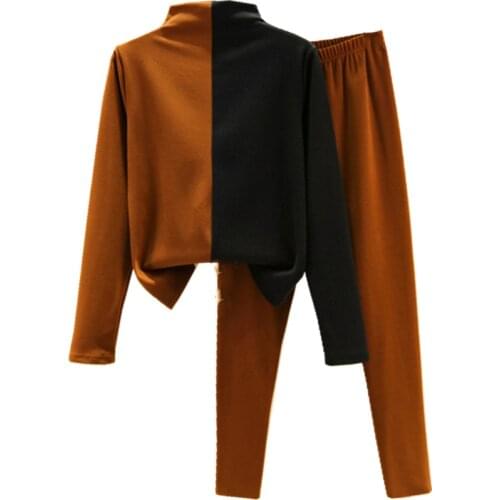 Thick Fleece T Shirt Two Pieces Set Womens suit Turtleneck Long Sleeve Female Hit Color Tops Winter TShirt Bottoming Ropa Mujer