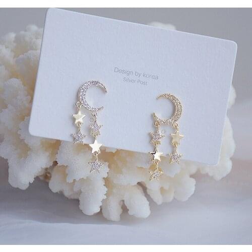 Korea Hot Selling Fashion Jewelry Exquisite 14K Real Gold Zircon Earrings Elegant Star Moon Tassel Womens Prom Party Earrings
