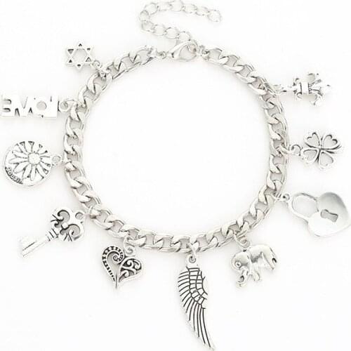 Vintage Style Many Shapes Lock Feather Elephant Electrosilvering Key Heart Feather Bracelets For Women