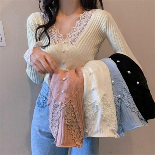 V-neck knitted tops womens slim long-sleeved lace stitching spring 2021 new slimming bottoming blouse