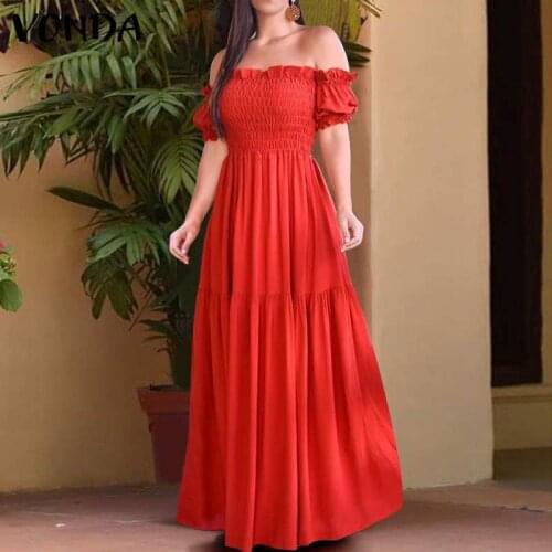 Women Bohemian Maxi Long Dress Strapless Off Shoulder Dress Vinatge Short Sleeve Holiday Party Vestidos 2021 VONDA Casual Robe