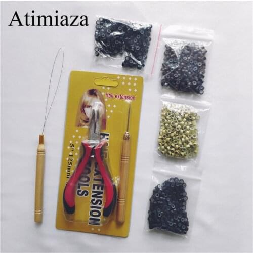 200Pcs Silicone Micro Links/ Beads +1Pc Holes Plier+ 1Pc Pulling Needle+1Pc Ring Needle Hair Extensions Tool Set Makeup kits