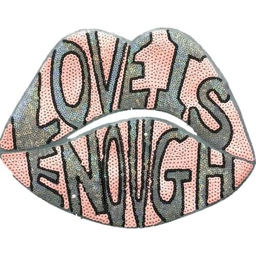 2019 New Arrival LOVE IS ENOUGH Lips Sequined Sew Iron on Patches for Clothes Pink Mouth Sequins Patch DIY Craft Sewing Decals 1 PC